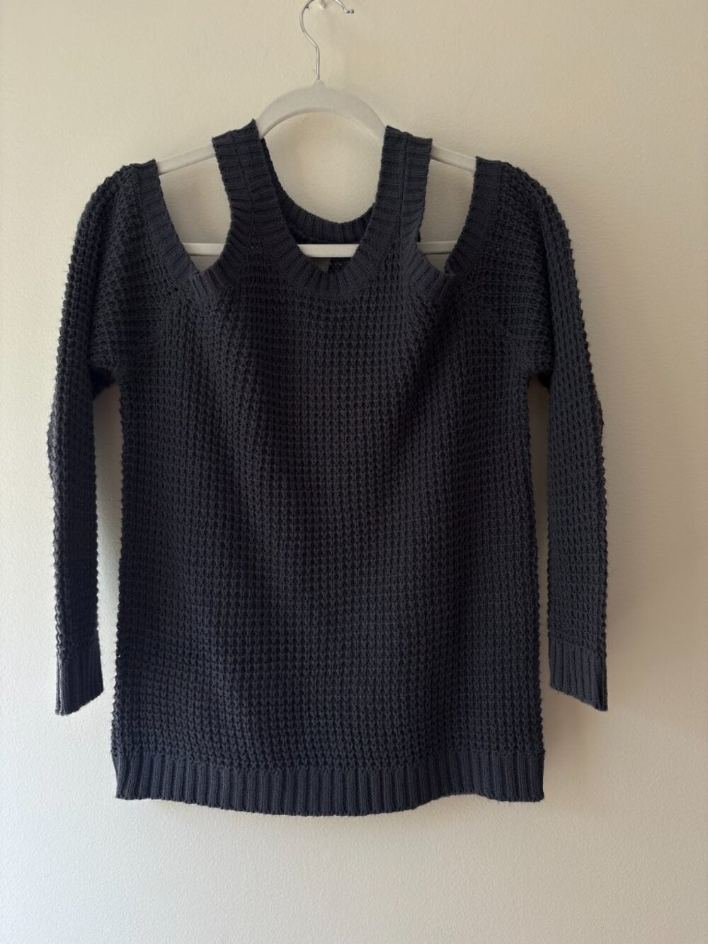 Charlotte Russe Charcoal Blue Waffle Open Knit Cold Shoulder Sweater Size M